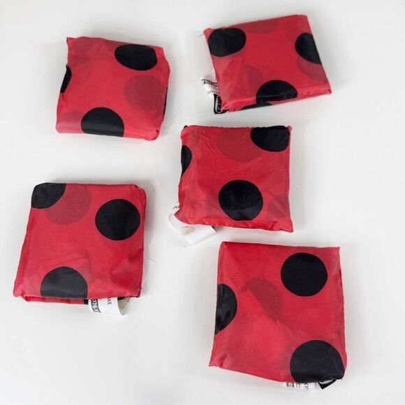 IKEA Skynke Polka Dot Nylon Reusable Shopping Bag Tote Red Black Set of 5 - Picture 3 of 7